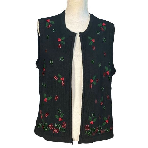 Bechamel Christmas Vest Size Large Black Holly Berries Sleeveless Cottagecore - Picture 8 of 9